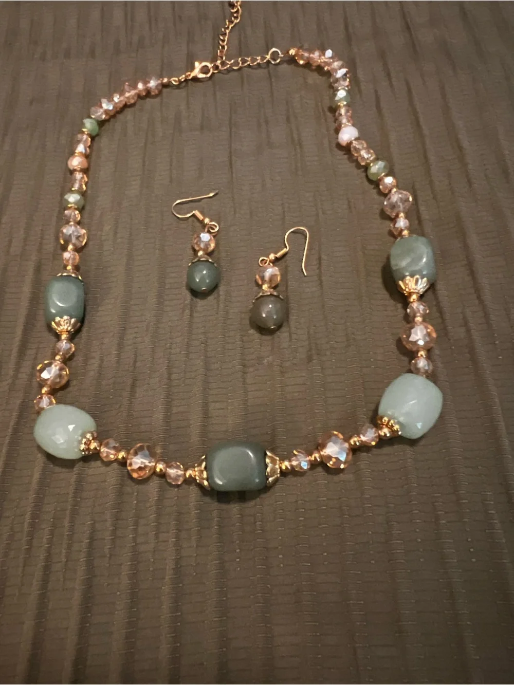 Gold-Tone Green Bead Necklace & Earrings Set